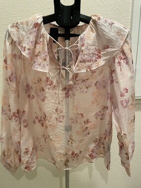 H&M Pale Pink Floral Tie-Front Ruffle Blouse